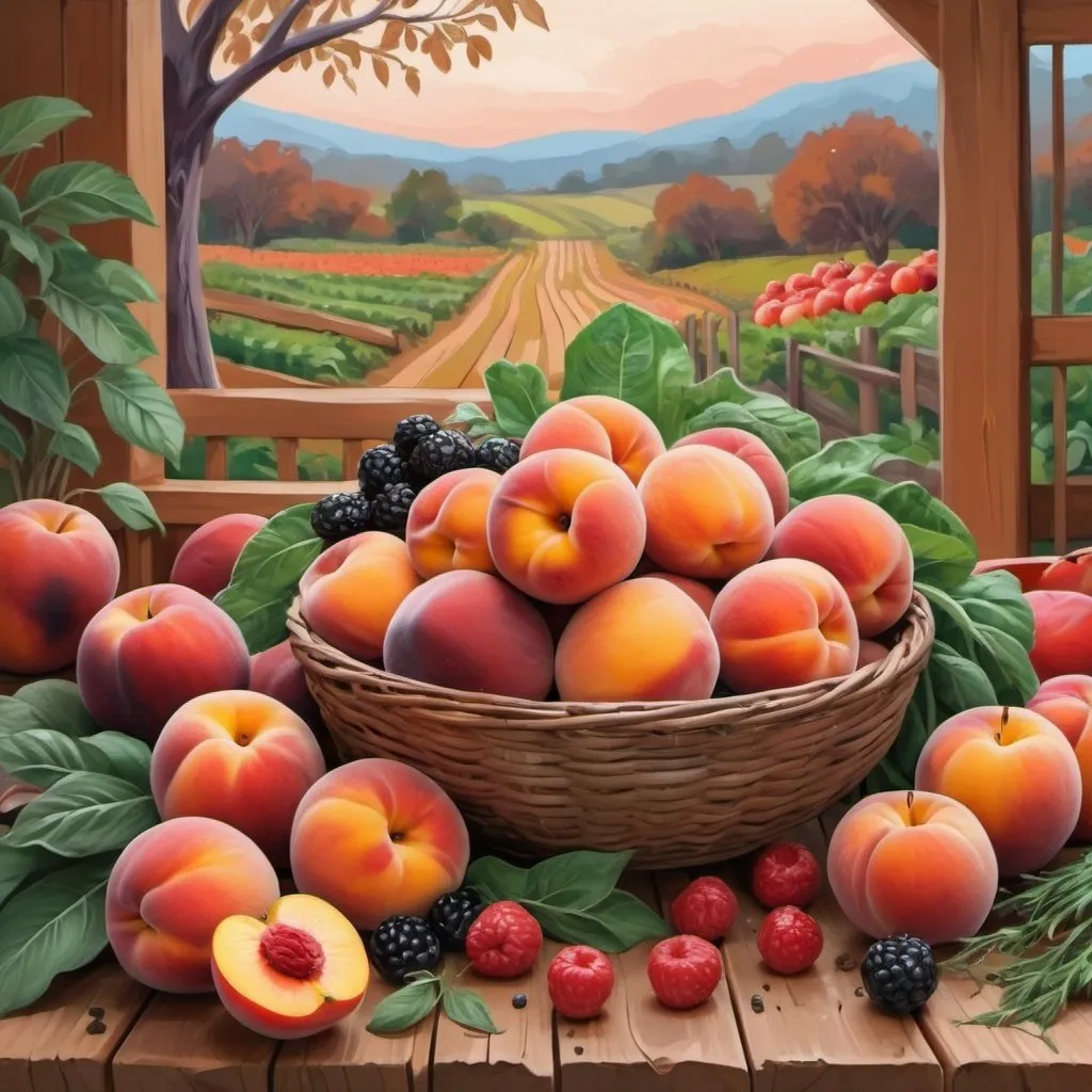 Prompt: digital painting, berries , peaches , and apples , surrounded by more vegetables on a wooden surface. The background has a cool, winter color palette with a natural landscape ) in Africa and lady, bold and slim lines, brush strokes