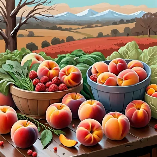 Prompt: digital painting, berries , peaches , and apples , surrounded by more vegetables on a wooden surface. The background has a cool, winter color palette with a natural landscape ) in Africa and lady, bold and slim lines, brush strokes