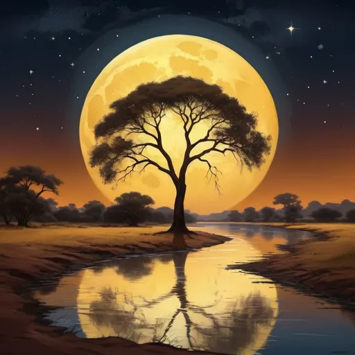 Prompt: digital painting, The night sky is illuminated by a bright yellow full moon, its reflection shimmering on the surface of the river. In the foreground, a solitary acacia tree stands as a silhouette, its branches reaching towards the twinkling stars above. The African desert landscape is bathed in an ethereal light, with the painting featuring a style of bold, slim lines, and a color scheme of intense dark chestnut brown, burnt sienna, and soft cream., bold and slim lines, brush strokes, intense dark chestnut brown, burnt sienna and soft cream color, close-up shot, short distance