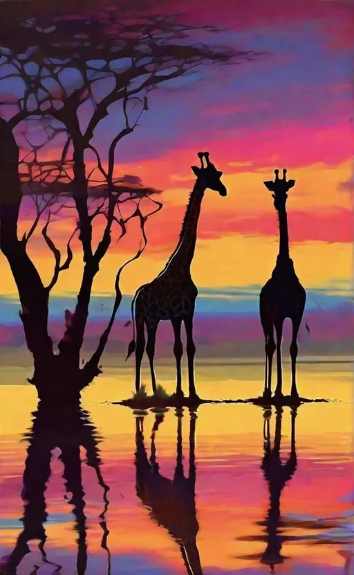 Prompt: Abstract art of two graceful giraffes, vibrant and colorful sunset sky, serene savanna landscape, reflective water, abstract style, warm and vibrant colors, tall trees in silhouette, surreal atmosphere, impressionistic details, high quality, sunset colors, vibrant abstract, savanna landscape, reflective water, graceful giraffes, artistic style, abstract, tall trees, surreal atmosphere, impressionistic, vibrant colors, serene