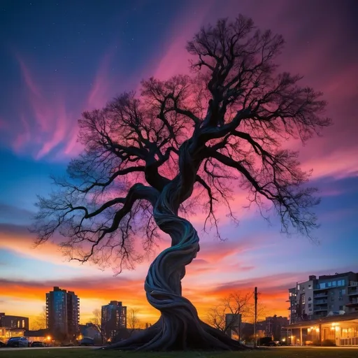 Prompt: A large, twisted tree silhouetted against a night sky with a colorful sunset, with buildings and lights visible in the background