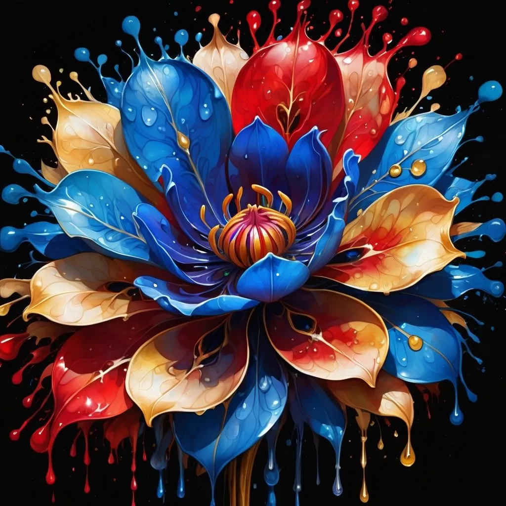 Prompt: digital watercolor painting, a painting of a blue and gold flower with drops of water on it's petals and leaves on the petals, Android Jones, generative art, fractals, an airbrush painting, paint splatter, black and red, bold brush strokes, art nouveau