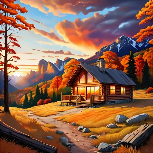 Prompt: A rustic log cabin nestled in an autumn forest, A vibrant landscape with a silhouetted tree in the foreground against a dramatic sunset sky. The mountains in the background have a rugged, jagged appearance. The overall scene has a stylized, artistic quality with a porch and large windows overlooking a scenic landscape of vibrant orange and yellow foliage in Africa