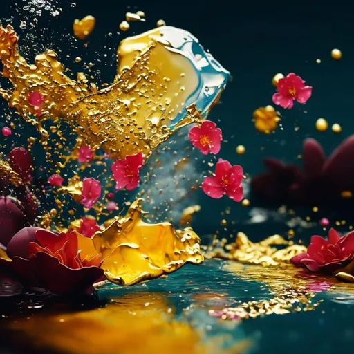 Prompt: a paint and flowers splashing on the water ARTS like (3D) Gold on the water, and paint and , EXPLOSNG AND WRAPPING