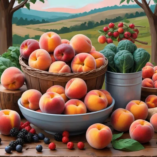 Prompt: digital painting, berries , peaches , and apples , surrounded by more vegetables on a wooden surface. The background has a cool, winter color palette with a natural landscape ) in Africa and lady, bold and slim lines, brush strokes