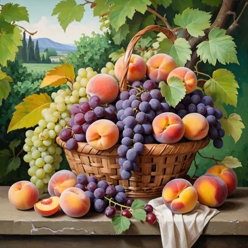 Prompt:  A still life painting of a basket filled with various fruits including grapes, peaches, plums , set against a background of lush green leaves and flowers , creating a vibrant and colorful composition.