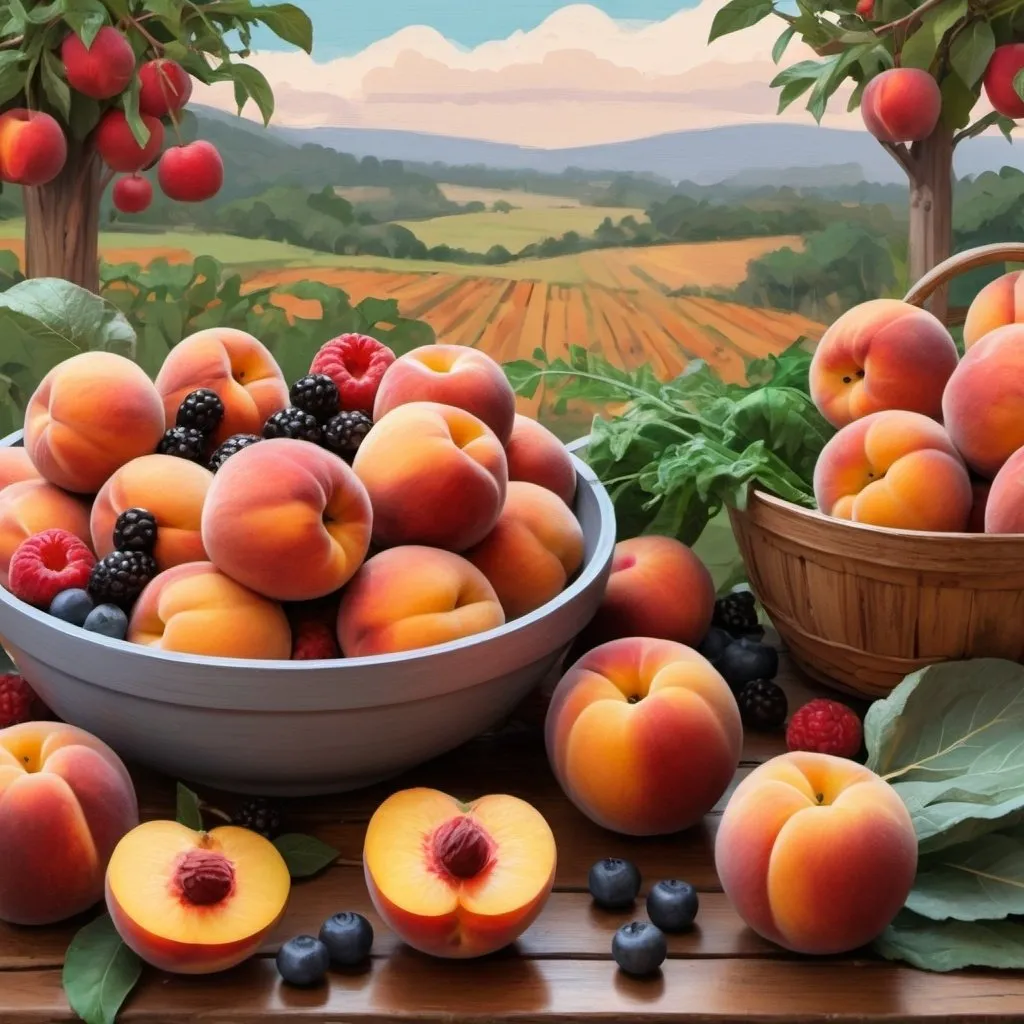 Prompt: digital painting, berries , peaches , and apples , surrounded by more vegetables on a wooden surface. The background has a cool, winter color palette with a natural landscape ) in Africa and lady, bold and slim lines, brush strokes