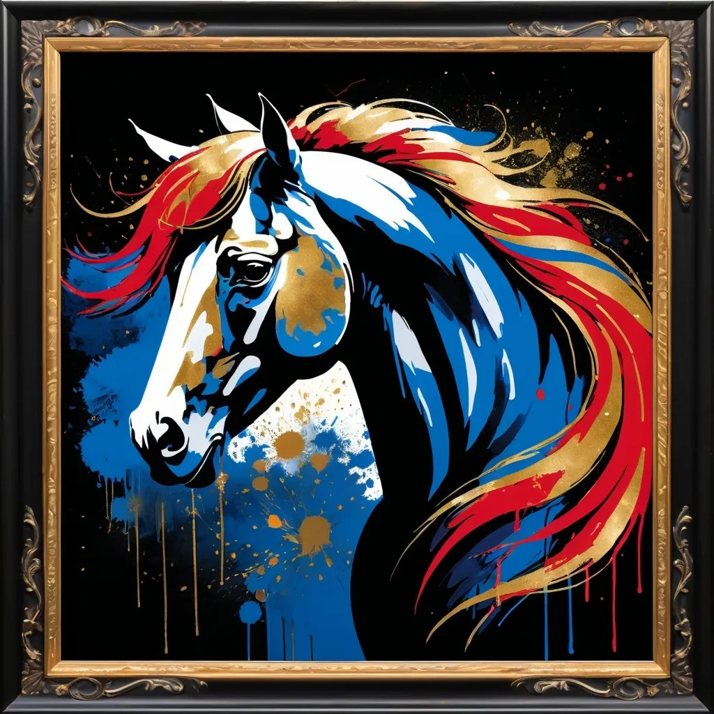 Prompt: A stylized horse's head with a flowing mane, featuring bold splashes of red, blue, and gold against a dark background. The horse's expression is strong and dynamic, with abstract paint splatters enhancing the artistic effect. The image is framed in a black ornate frame