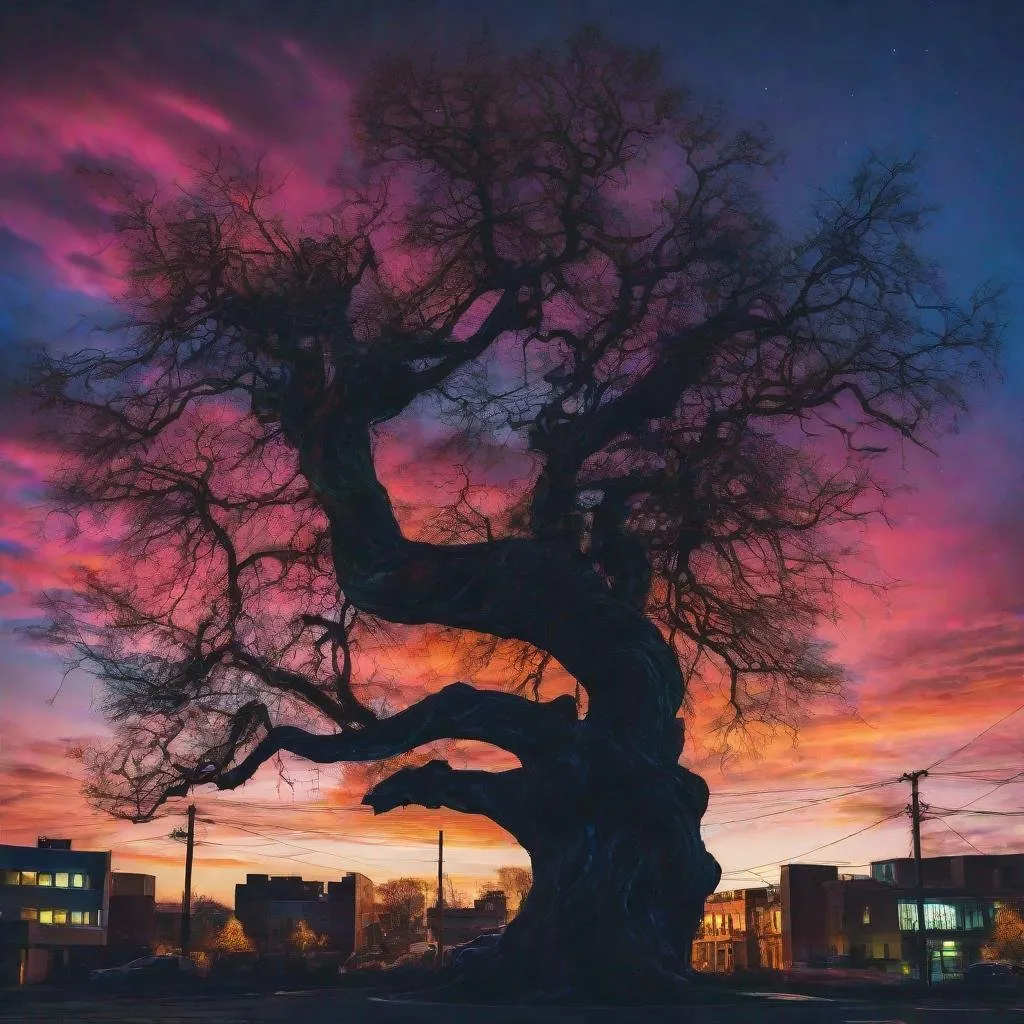 Prompt: A large, twisted tree silhouetted against a night sky with a colorful sunset, with buildings and lights visible in the background