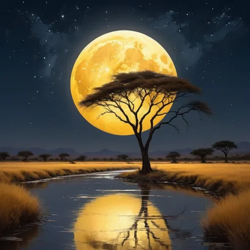 Prompt: digital painting, The night sky is illuminated by a bright yellow full moon, its reflection shimmering on the surface of the river. In the foreground, a solitary acacia tree stands as a silhouette, its branches reaching towards the twinkling stars above. The African desert landscape is bathed in an ethereal light, with the painting featuring a style of bold, slim lines, and a color scheme of intense dark chestnut brown, burnt sienna, and soft cream., bold and slim lines, brush strokes, intense dark chestnut brown, burnt sienna and soft cream color, close-up shot, short distance