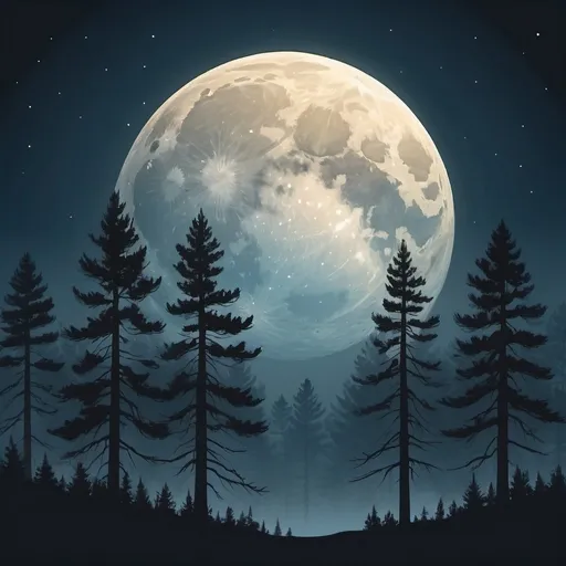 Prompt: Flat illustration a large full moon in the night sky, surrounded by a hazy, atmospheric glow. In the foreground, tall pine trees stand silhouetted against the moonlit sky, creating a serene and mystical landscape