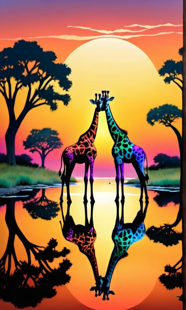 Prompt: Two giraffes standing in a savanna landscape with a colorful sunset sky, trees, and a reflection in the water