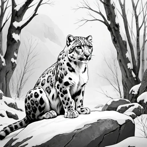 Prompt: A black and white illustration of a snow leopard sitting on a rock in a snowy forest environment with a bare tree in the background