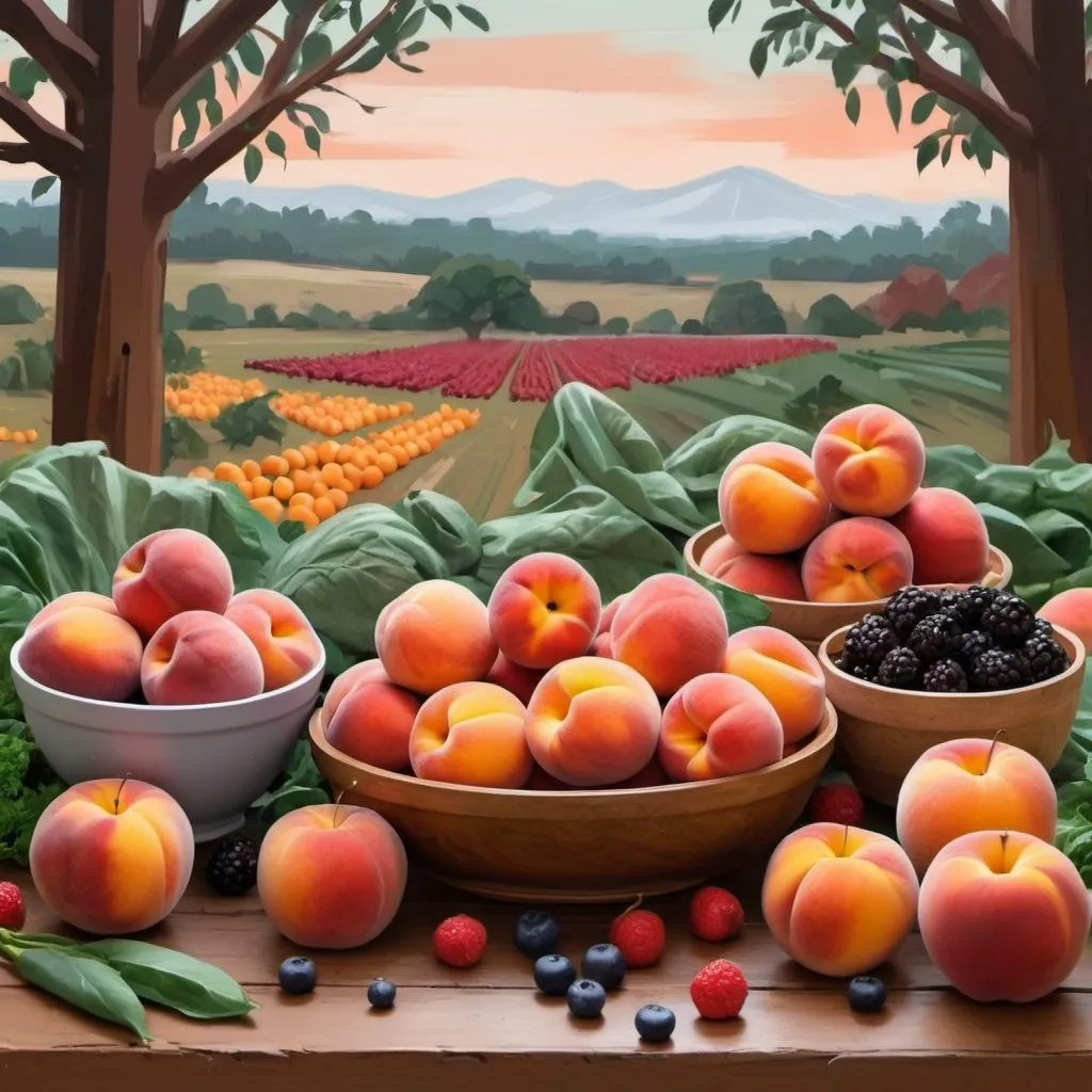 Prompt: digital painting, berries , peaches , and apples , surrounded by more vegetables on a wooden surface. The background has a cool, winter color palette with a natural landscape ) in Africa and lady, bold and slim lines, brush strokes