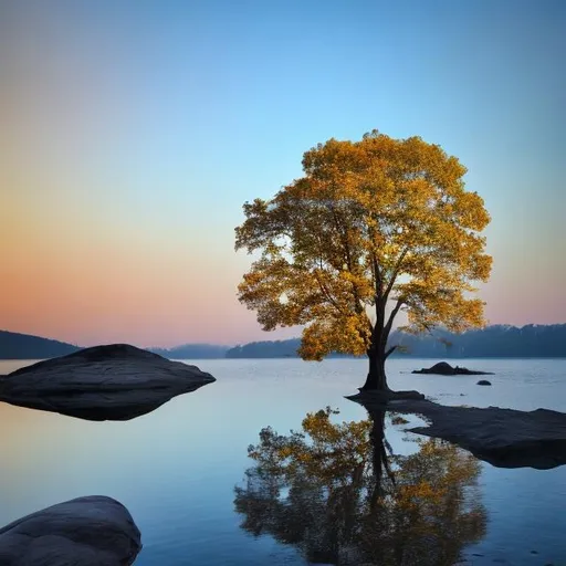 Prompt: 
A tree color full, and water drops on ,big rock, on the water reflecting

