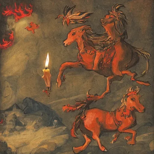 Prompt: A singing candle is lighting a library where a firey horse is dancing as a jester is running by chasing a mountain goat