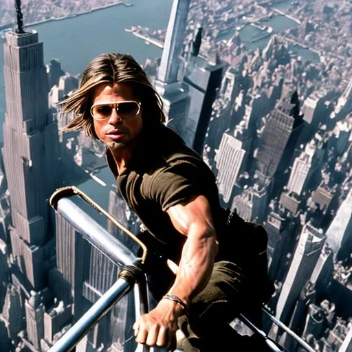 Prompt: Brad Pitt Fighting Tom Cruise on Empire State Building as it explodes High Quality Photo