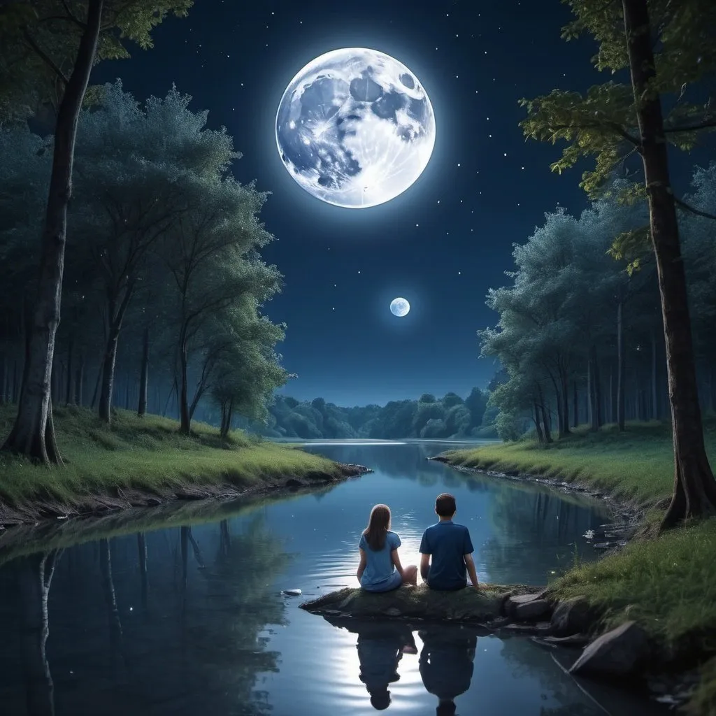 Prompt: Most pisefull Nature pic in 3d viewing sky night blue colour with the shaning stars and big moon in light navy colour  in forest and moon reflection in river 4k quality  21 years ago boy and girl sit in ground face moon side 