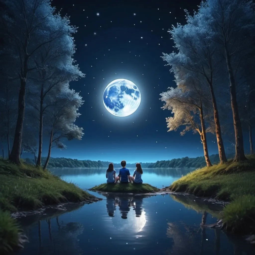 Prompt: Most pisefull Nature pic in 3d viewing sky night blue colour with the shaning stars and big moon in light navy colour  in forest and moon reflection in river 4k quality  21 years ago boy and girl sit in ground face moon side 