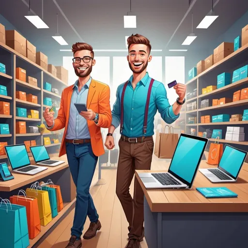 Prompt: Cartoon-style illustration of an affiliate marketer helping an e-commerce entrepreneur, cheerful and dynamic vibe, vibrant and colorful, professional cartoon art, detailed characters, lively expression, high quality, energetic, vibrant colors, dynamic poses, digital art, cartoon style, detailed features, modern setting, professional attire, bright lighting