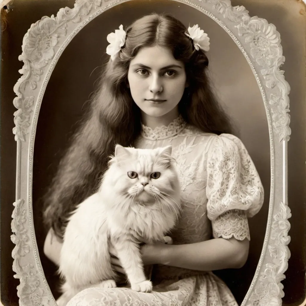 Prompt: A woman, with long hair dressed in a lace dress holding a white Persian cat, a photograph from 1910's with flower frame