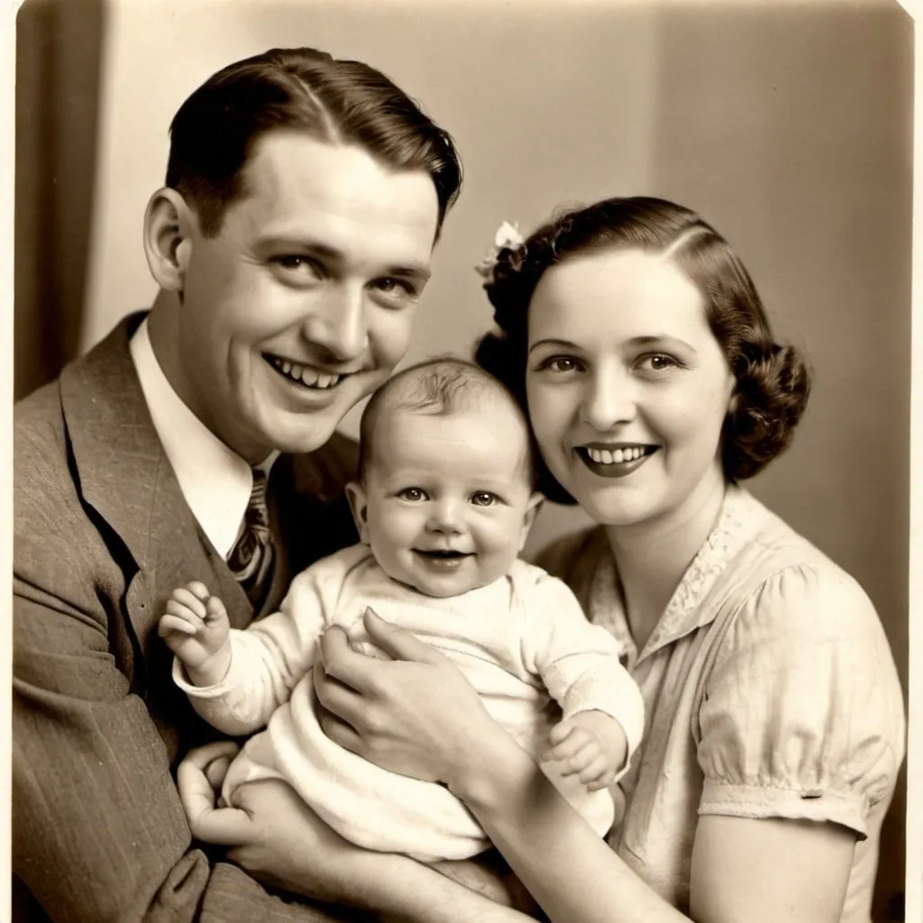 Prompt: a very happy couple with a baby, a photograph from 1930's