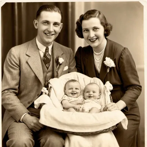 Prompt: a very happy couple with a baby, a photograph from 1930's