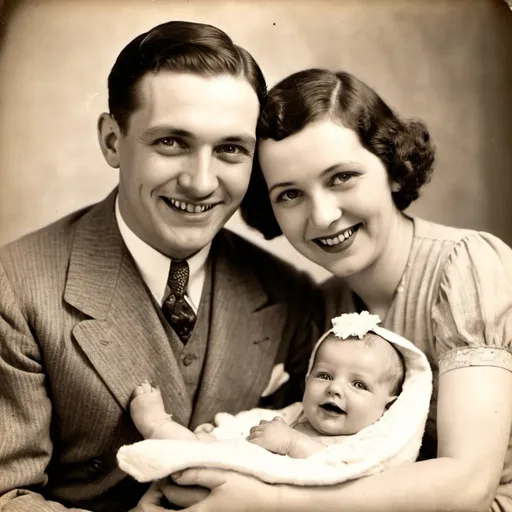 Prompt: a very happy couple with a baby, a photograph from 1930's