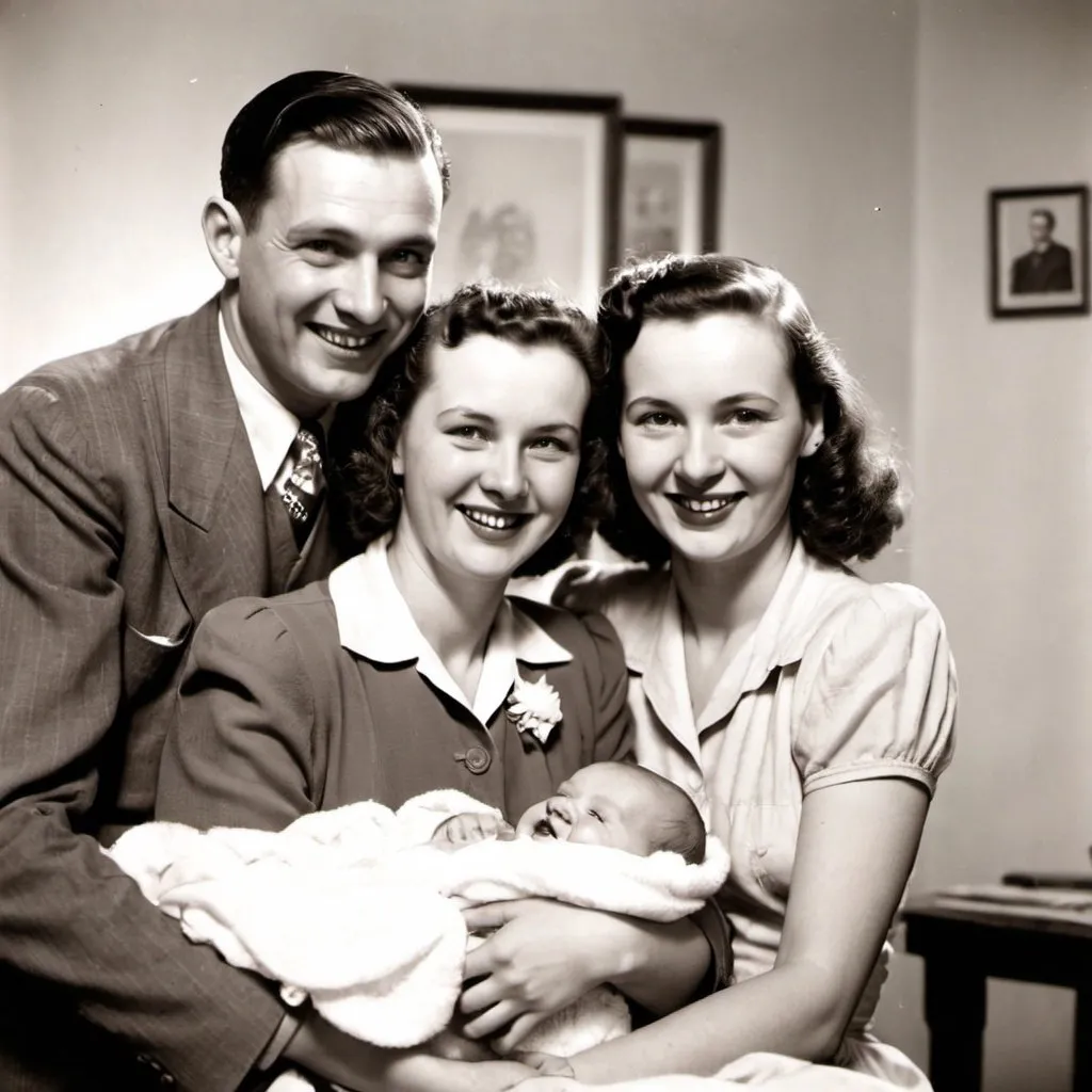 Prompt: a very happy couple with a baby, a photograph from 1940's