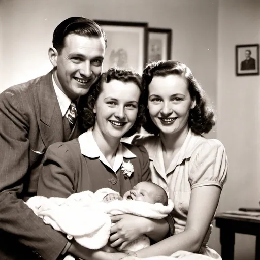 Prompt: a very happy couple with a baby, a photograph from 1940's