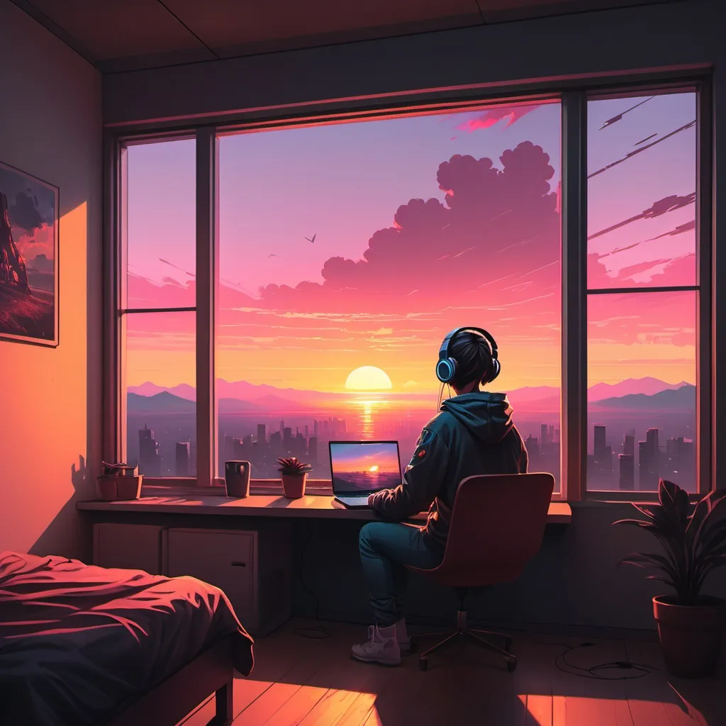 Prompt: a person sitting in a room with a laptop and headphones on, looking out a window at a sunset, Alena Aenami, computer art, sunset, cyberpunk art