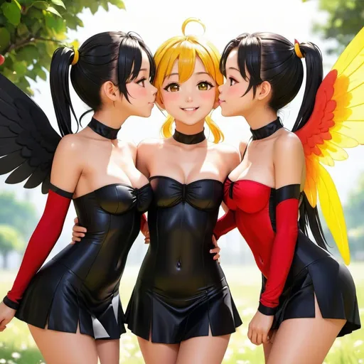 Prompt: Braless, 3 cute And Teenage  girls, they have black  wings ,  they kiss  ,  they enjoyed, appearance with Chakra . Sunshine day, highly transparent strapless clothes 
black yellow red . Less clothes, Wet body, wet ponytails ,throwback  apples, anime 
