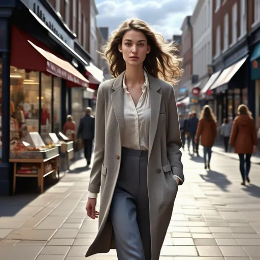 Prompt: (tall young woman walking down high street), (detailed clothing), high realism, (natural lighting), vibrant street scene, bustling atmosphere, shops and cafés in the background, light reflections on pavement, subtle movement in the fabric of attire, capturing a moment of urban life, (high resolution), ultra-detailed, dynamic composition, friendly yet sophisticated ambiance.