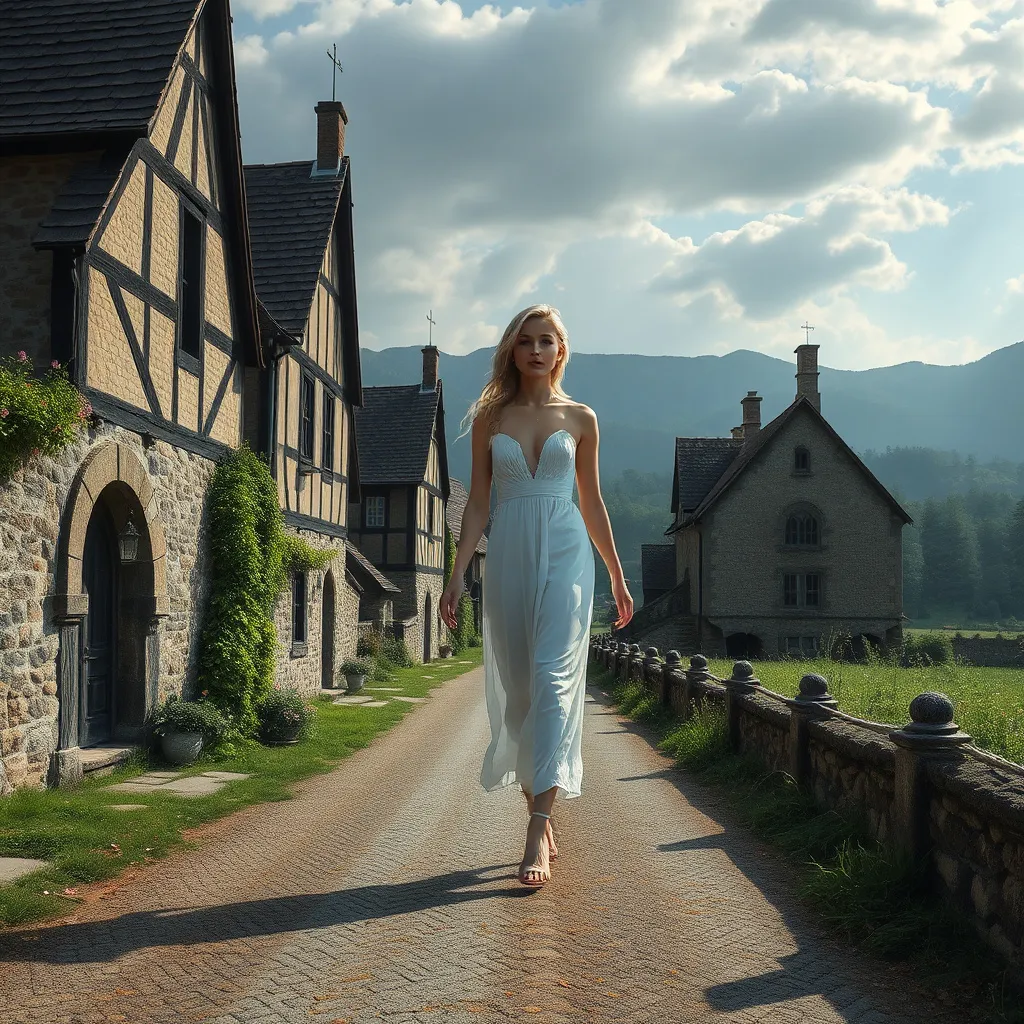 Prompt: incredible venus eve woman 24y blonde walking on a road in a medieval village hdr photorealistic magical masterpiece artwork