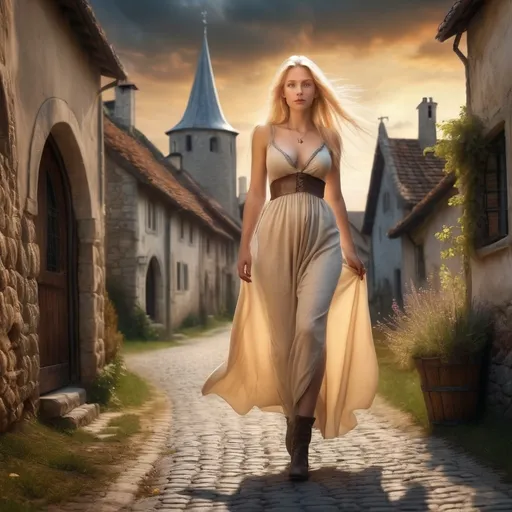 Prompt: incredible venus eve woman 24y blonde walking on a road in a medieval village hdr photorealistic magical masterpiece artwork