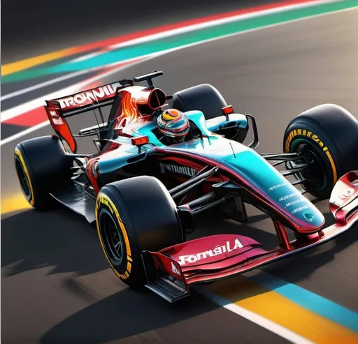 Prompt: High-quality digital illustration of a Formula 1 profile picture, realistic rendering,  dynamic racing car, vibrant colours, detailed car design, speed, custom typography, high performance, digital art, realistic lighting