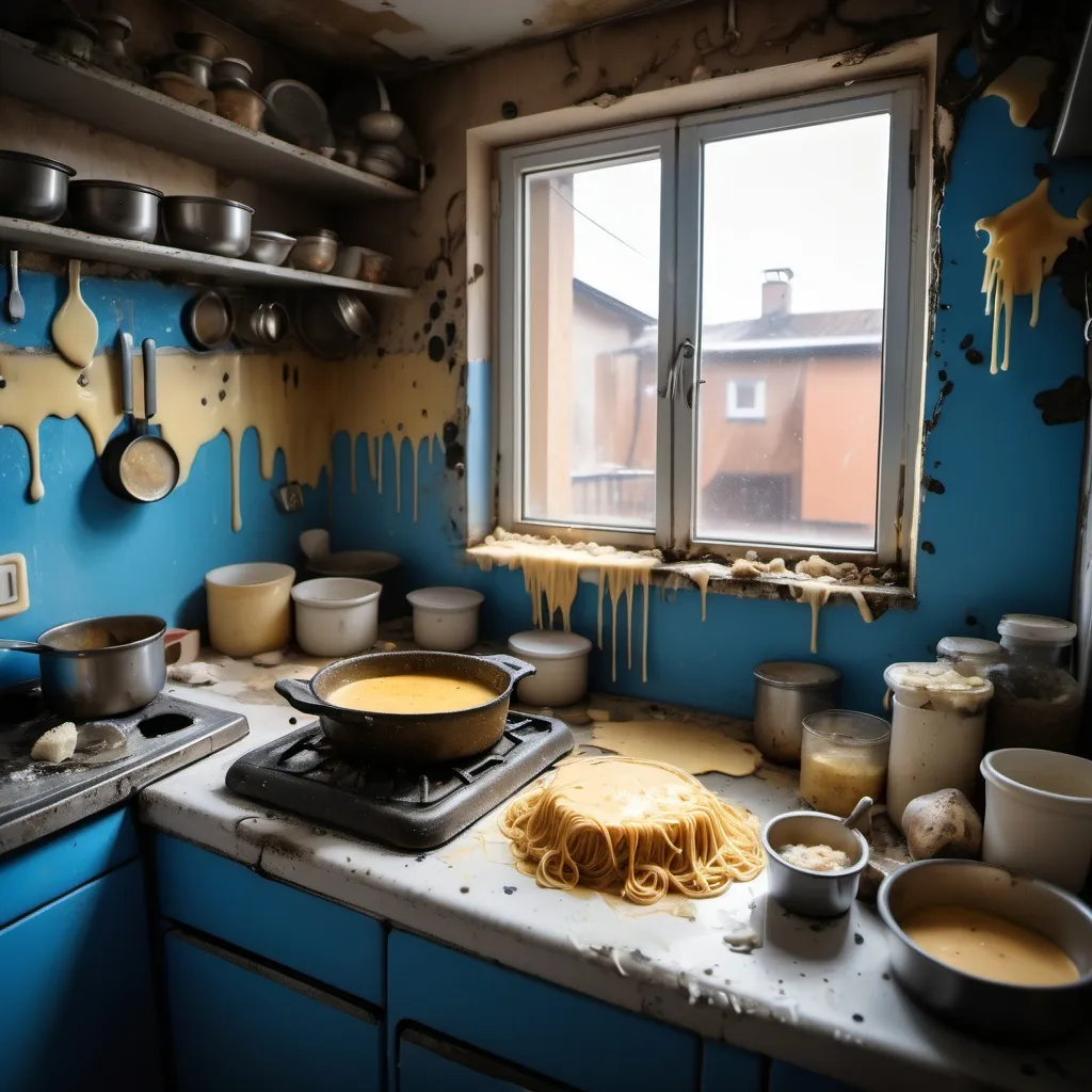 Prompt: uncanny vibe, ugly, scary, Interior of a Trashy squatted dirty kitchen. dirty walls, moldy walls. A pan with moldy spaghetti bolognesa with a lot of cheese sauce inside, sticky cheese, pasta, drenched in cheese, blue cheese, cheese pudding