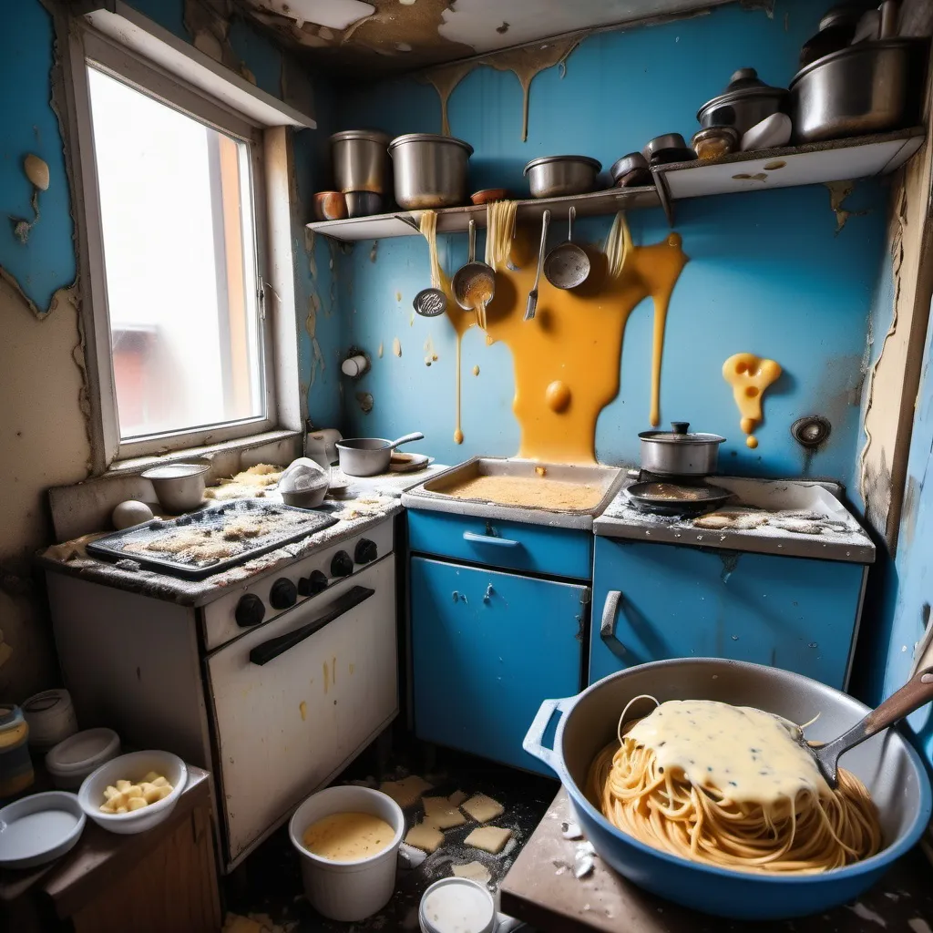 Prompt: uncanny vibe, ugly, scary, Interior of a Trashy squatted dirty kitchen. dirty walls, moldy walls. A pan with moldy spaghetti bolognesa with a lot of cheese sauce inside, sticky cheese, pasta, drenched in cheese, blue cheese, cheese pudding