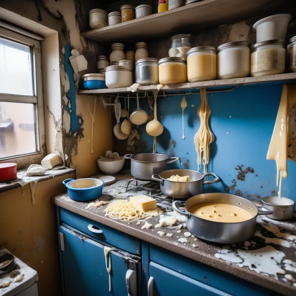 Prompt: uncanny vibe, ugly, scary, Interior of a Trashy squatted dirty kitchen. dirty walls, moldy walls. A pan with moldy spaghetti bolognesa with a lot of cheese sauce inside, sticky cheese, pasta, drenched in cheese, blue cheese, cheese pudding