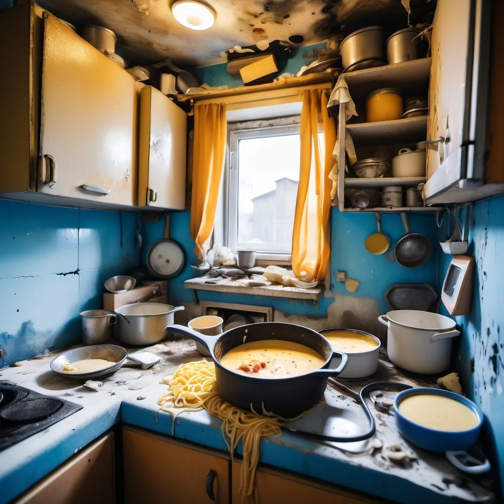 Prompt: uncanny vibe, ugly, scary, Interior of a Trashy squatted dirty kitchen. dirty walls, moldy walls. A pan with moldy spaghetti bolognesa with a lot of cheese sauce inside, sticky cheese, pasta, drenched in cheese, blue cheese, cheese pudding