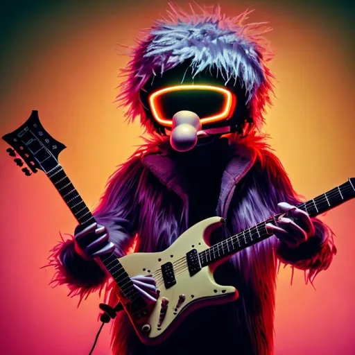 Prompt: Puppet guitarist in band playing guitar solo, zoomed in perspective, fur coat, futuristic hat, goggles, weird haircut, 70s vibe, fluffy, beautiful ambience light, emotional