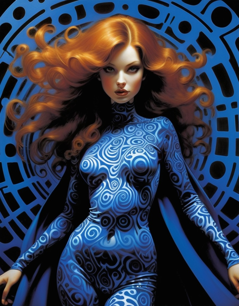 Prompt: Julia Dream, the sorceress hero known as Illusion Girl, beautiful, well endowed, auburn hair, curls, royal blue  op art patterns, by Dave McKean