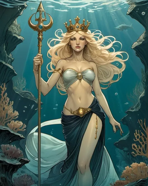 Prompt:  Neptina (accurately spelled text "Queen Of The Deep"), stunningly beautiful woman in her mid 30s, (epic fantasy), flowing blonde hair, adorned with a golden headband, holding a forked sceptre, well endowed, ethereal ambiance, underwater setting, shimmering aquatic tones, vibrant marine colors, captivating poses, expressive features, ultra-detailed, high-quality image, inviting a sense of majesty and enchantment in the deep sea, detailed, dark colors, dramatic, graphic novel illustration,  2d shaded retro comic book by Alphonse Mucha