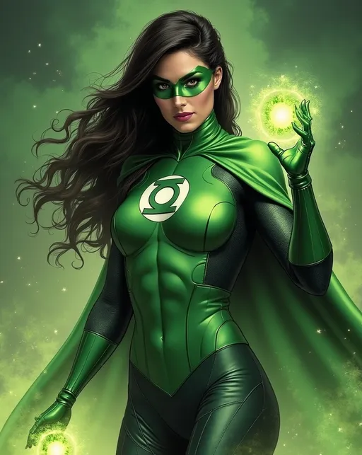 Prompt: Kat Dennings as Jessica Cruz Green Lantern by Alphonse Mucha