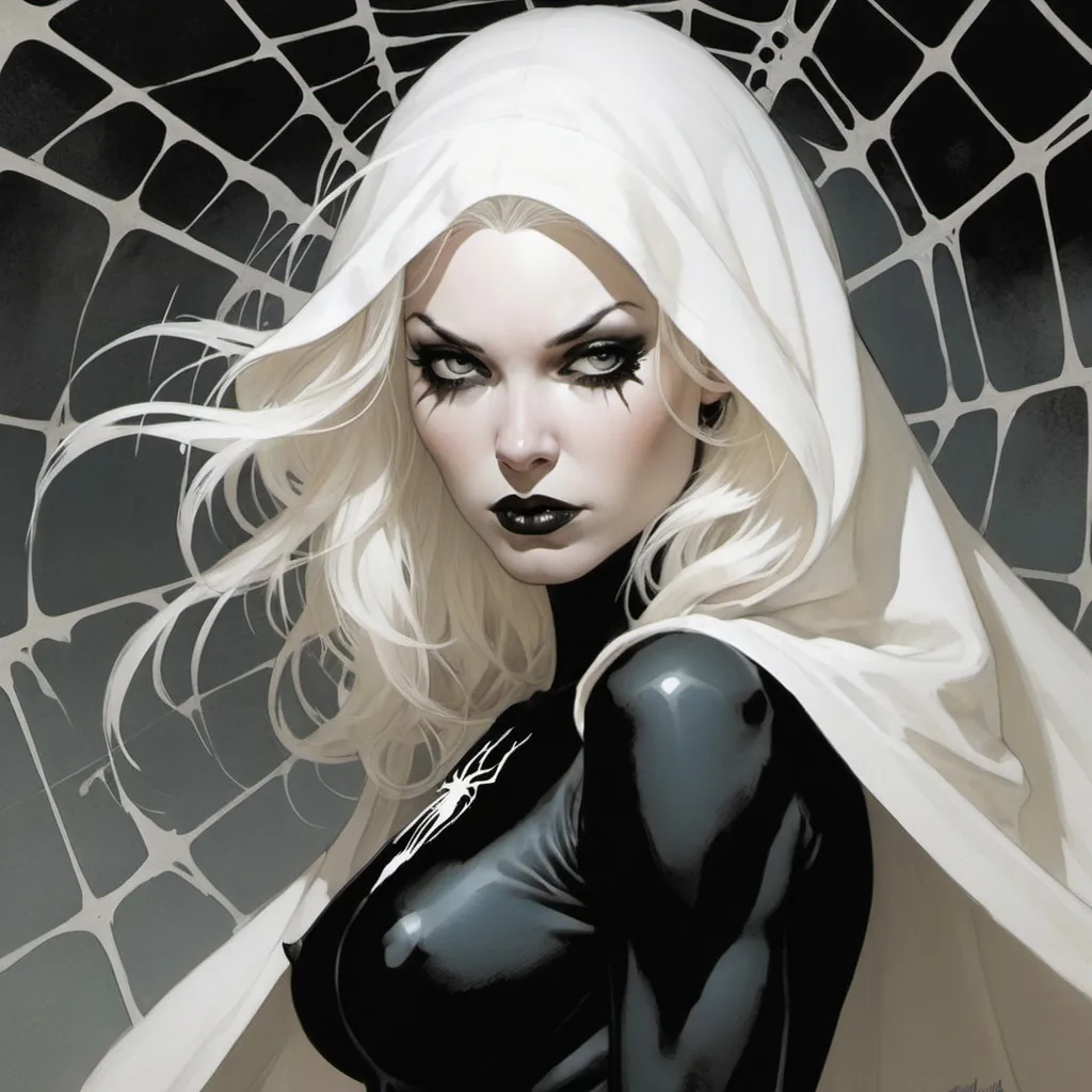 Prompt: Out of the night she comes, The White Spider, cloaked nemesis of evil, beautiful, haunting, white hair, well endowed, a halo of webs behind her by Adam Hughes