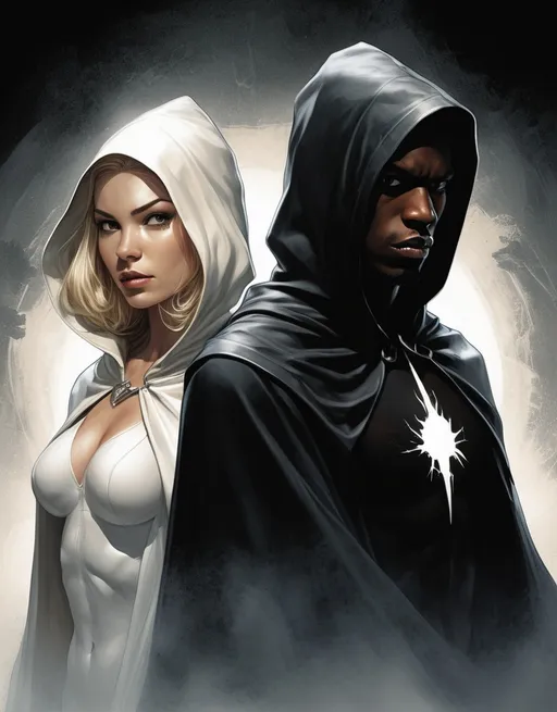 Prompt: Marvel Comics Cloak And Dagger, white female and hooded black male, detailed, dark colors, dramatic, graphic novel illustration,  2d shaded retro comic book by Ben Templesmith