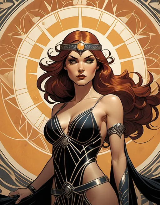 Prompt: Helia Helene, sun sorceress, beautiful, well endowed, auburn hair, art deco patterns, hero, the bringer of light against the forces of darkness, detailed, dark colors, dramatic, full body pose graphic novel illustration,  2d shaded retro comic book by Adam Hughes