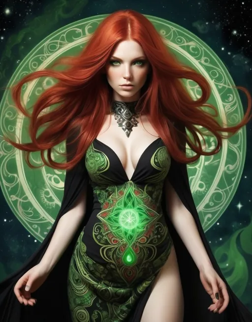 Prompt: Jesamine Flowerchild, elemental sorceress, beautiful, well endowed, red hair, green and black paisley patterns, emerging from the earth to save mankind from dark forces