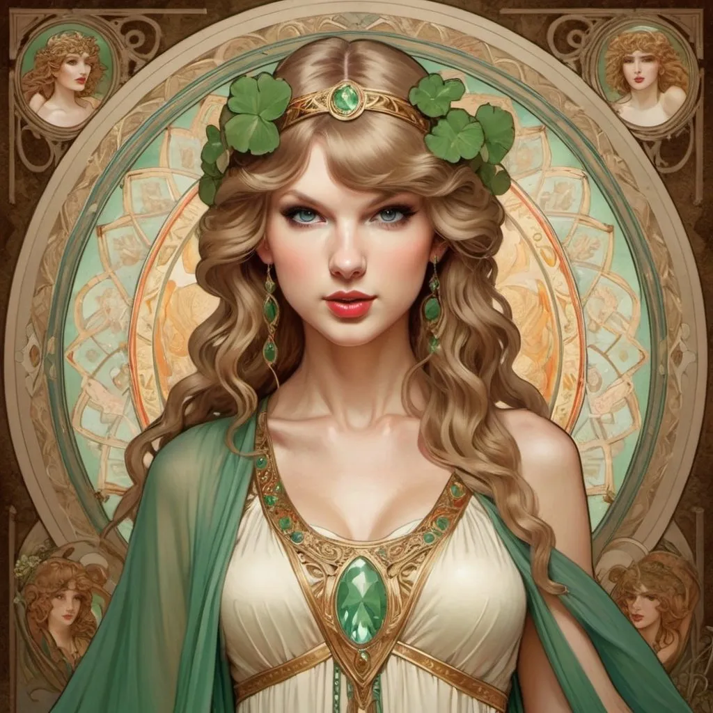 Prompt: Taylor Swift as Ériu Goddess of Ireland by Alphonse Mucha