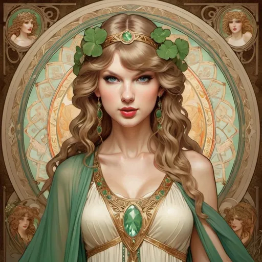 Prompt: Taylor Swift as Ériu Goddess of Ireland by Alphonse Mucha